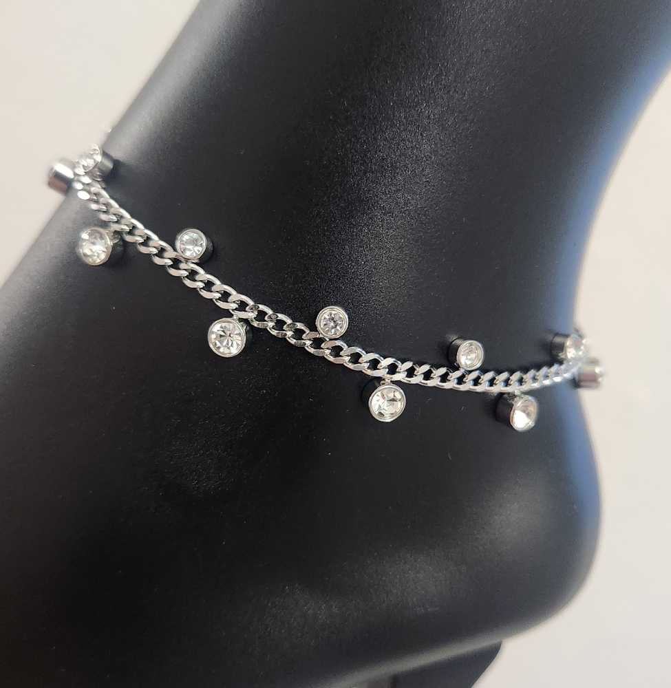 Boho Silver Diamond Dangle Anklet Bracelet - Picture 3 of 10